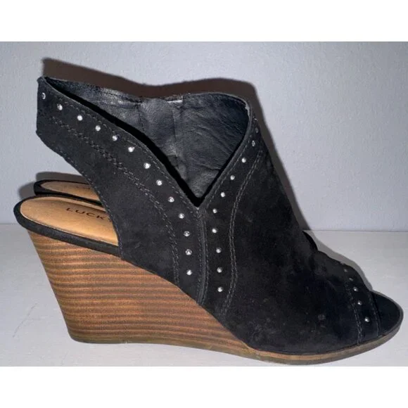 Lucky Brand Womens Shoes Sz 9 Ulyssas Black Suede Leather Peep Toe Wedge Booties - Picture 2 of 11